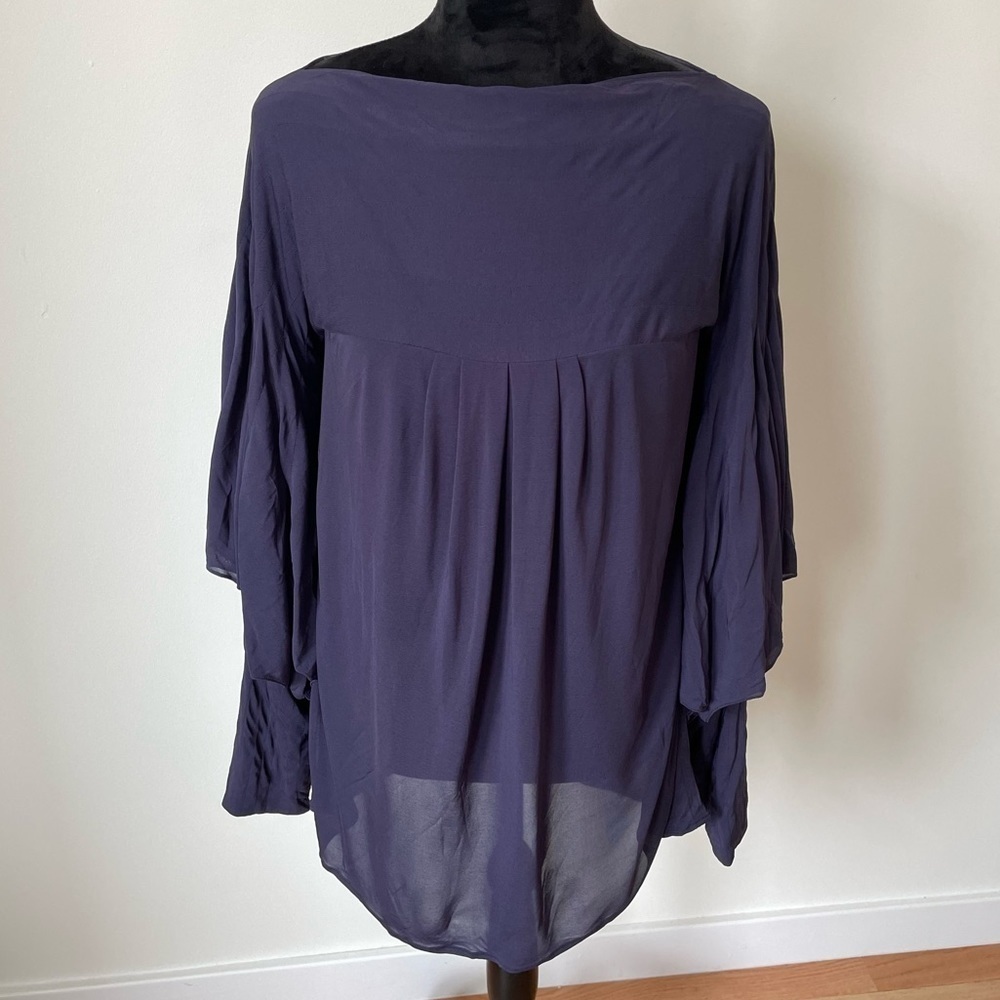 Doo.Ri Blue Viscose Blend Intricate Puff Sleeve Boat Neck Blouse EUC Size 6
